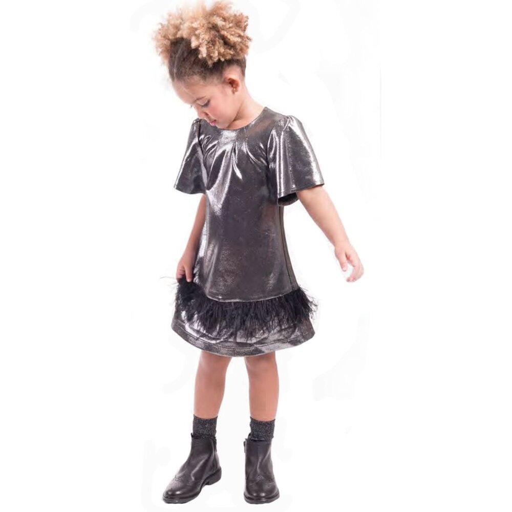 Imoga Boutique Girls Silver Black Party Dress‎ Feathers Short Sleeves NWT 10 12